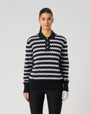 Daily Sports Women's Black and White Wave Jacquard Knit Long Sleeve Golf Polo Shirt – Front View

