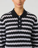 Daily Sports Black Golf Polo Shirt – Black and White Scallop Wave Jacquard Knit and Button Placket Detail

