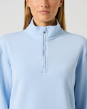 Close-up of women's light blue mid-layer golf top with half zip, stand-up collar, and silver zipper pull detail
