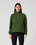 Women's khaki green relaxed fit mid-layer golf top with half zip and stand-up collar – front view
