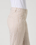 Daily Sports Stripe Bark Pants close-up of beige and white vertical stripe fabric, front pocket and waistband detail