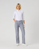 Daily Sports Stripe Dark Navy Pants in navy and white vertical stripe – women's wide-leg golf pants, front view