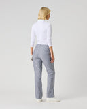 Daily Sports Stripe Dark Navy Pants in navy and white vertical stripe – women's wide-leg golf pants, back view showing rear pockets