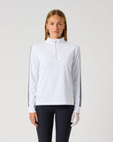 Women's white long sleeve half zip golf top with contrast stripe sleeves and stand-up collar – front view