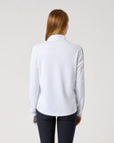 Women's white long sleeve half neck golf top with striped ribbon sleeve detail – back view