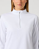 Close-up of women's white quick dry half zip golf top with stand-up collar and contrast stripe sleeve trim