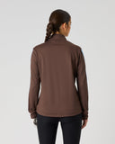 Women's brown quick dry long sleeve golf top with blue and white striped ribbon sleeve detail – back view
