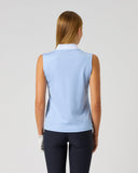 Daily Sports Light Blue Ribbed Sleeveless Top in powder blue – women's sleeveless golf top showing clean ribbed back panel, white contrast collar and tailored fit, back view on model