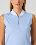 Daily Sports Light Blue Ribbed Sleeveless Top close-up of powder blue vertical ribbed texture with white contrast mock neck collar, silver quarter-zip pull and tonal logo embroidery detai