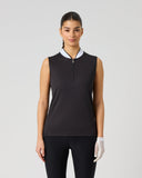 Daily Sports Black Ribbed Sleeveless Top in black – women's sleeveless golf top with white contrast mock neck collar, quarter-zip placket and tonal logo embroidery, front view on model