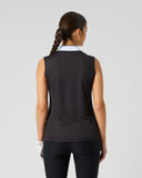 Daily Sports Black Ribbed Sleeveless Top in black – women's sleeveless golf top showing clean ribbed back panel, white contrast collar and tailored fit, back view on model