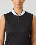 Daily Sports Black Ribbed Sleeveless Top close-up of black vertical ribbed texture with white contrast mock neck collar, silver quarter-zip pull and tonal logo embroidery detail