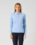 Women's ribbed light blue long sleeve golf polo with half zip and polo collar – front view
