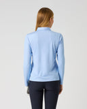 Women's ribbed light blue quick dry long sleeve golf polo with stretch fabric – back view
