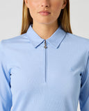 Image 3 (close-up): light blue ribbed golf polo with half zip, polo collar, and branded zipper pull
