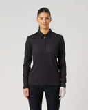 Women's ribbed black long sleeve golf polo with half zip and polo collar – front view
