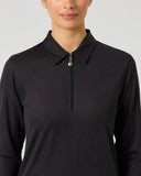 Image 3 (close-up): black ribbed golf polo with half zip, polo collar, and branded silver zipper pull
