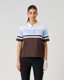 Daily Sports Cropped Brownie Half Sleeve Polo Shirt in white, powder blue and dark chocolate brown colorblock stripes – women's cropped short sleeve golf polo with classic collar and silver button placket, front view on model