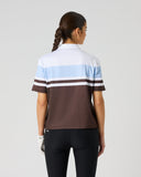 Daily Sports Cropped Brownie Half Sleeve Polo Shirt in white, powder blue and dark chocolate brown colorblock stripes – women's cropped short sleeve golf polo showing bold stripe back panel and relaxed cropped fit, back view on model