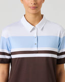 Daily Sports Cropped Brownie Half Sleeve Polo Shirt close-up of white, powder blue and dark chocolate brown colorblock stripe pattern with classic polo collar, silver button placket and logo embroidery detail