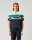 Daily Sports Cropped Dark Navy Half Sleeve Polo Shirt in white, kelly green and dark navy colorblock stripes – women's cropped short sleeve golf polo with classic collar and silver button placket, front view on model