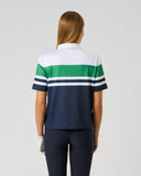 Daily Sports Cropped Dark Navy Half Sleeve Polo Shirt in white, kelly green and dark navy colorblock stripes – women's cropped short sleeve golf polo showing bold stripe back panel and relaxed cropped fit, back view on model