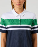 Daily Sports Cropped Dark Navy Half Sleeve Polo Shirt close-up of white, kelly green and dark navy colorblock stripe pattern with classic polo collar, silver snap button placket and logo embroidery detail