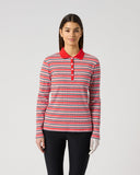 Daily Sports Multiple Stripe Poppy Rib Long Sleeve Polo in red, navy and white multistripe – women's ribbed golf polo with red collar, front view