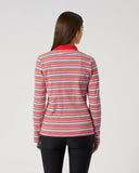 Daily Sports Multiple Stripe Poppy Rib Long Sleeve Polo in red, navy and white multistripe – women's ribbed golf polo with red collar, back view