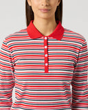 Daily Sports Multiple Stripe Poppy Rib Long Sleeve Polo close-up of red, navy and white ribbed multistripe fabric with polo collar and button placket detail