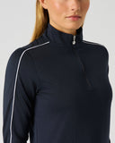 Daily Sports Dark Navy Piping Long Sleeve Half Neck Top close-up of quarter-zip collar and white contrast shoulder piping detail