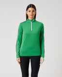 Daily Sports Leaf Piping Long Sleeve Half Neck Top in vibrant green with white contrast piping – women's quarter-zip golf top, front view