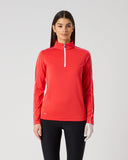 Daily Sports Poppy Red Piping Long Sleeve Half Neck Top in bold poppy red with white contrast piping – women's quarter-zip golf top, front view