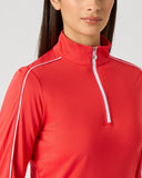 Daily Sports Poppy Red Piping Long Sleeve Half Neck Top close-up of white quarter-zip collar, silver logo zipper pull and white contrast shoulder piping