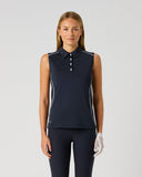 Daily Sports Navy Piping Sleeveless Polo – women's navy blue sleeveless golf polo with leaf-motif contrast piping trim, classic collar and button placket, front view on model