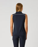 Daily Sports Navy Piping Sleeveless Polo – women's navy blue sleeveless golf polo showing leaf-motif contrast piping detail on back panel and tailored fit, back view on model