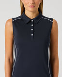 Daily Sports Navy Piping Sleeveless Polo Navy Blue close-up of leaf-motif contrast piping trim with classic polo collar and button placket detail
