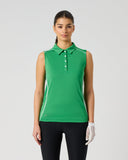 Daily Sports Leaf Piping Sleeveless Polo – women's sleeveless golf polo with leaf-motif contrast piping trim, classic collar and button placket, front view on model