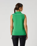 Daily Sports Leaf Piping Sleeveless Polo – women's sleeveless golf polo showing leaf-motif contrast piping detail on back panel and tailored fit, back view on model