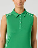 Daily Sports Leaf Piping Sleeveless Polo close-up of leaf-motif contrast piping trim with classic polo collar and button placket detai