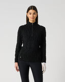 Women's black textured wave structure long sleeve golf top with half zip and stand-up collar – front view
