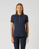 Daily Sports Dark Navy Graphic Jacquard Polo Shirt in deep navy – women's short sleeve tonal jacquard golf polo with classic collar and white logo buttons, front view