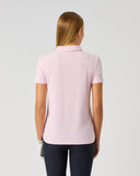 Daily Sports Pink Graphic Jacquard Polo Shirt in soft blush pink – women's short sleeve tonal jacquard golf polo showing all-over graphic texture and tailored fit, back view