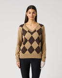 Women's camel and brown argyle V-neck cotton cashmere golf pullover sweater with ribbed hem and cuffs – front view

