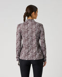 Daily Sports Dull Zebra Long Half Neck Shirt in muted mauve and cream abstract zebra swirl print – women's long sleeve golf base layer showing all-over print back panel and slim tailored fit, back view on model