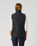 A woman viewed from behind wearing a dark quilted puffer vest over a white long-sleeve top and dark leggings, standing against a light gray studio background.