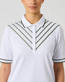 Daily Sports White Golf Polo Shirt – Dark Green Diagonal Chevron Ribbon Chest Detail and Striped Ribbed Cuffs

