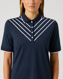 Daily Sports Dark Navy Golf Polo Shirt – White Diagonal Chevron Ribbon Chest Detail, Button Placket and White-Tipped Ribbed Cuffs

