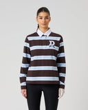 Women's brown and light blue stripe cotton rugby polo with white collar and Daily Sports embroidered logo – front view
