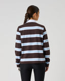 Women's brown and light blue stripe long sleeve cotton rugby golf polo with white collar – back view
